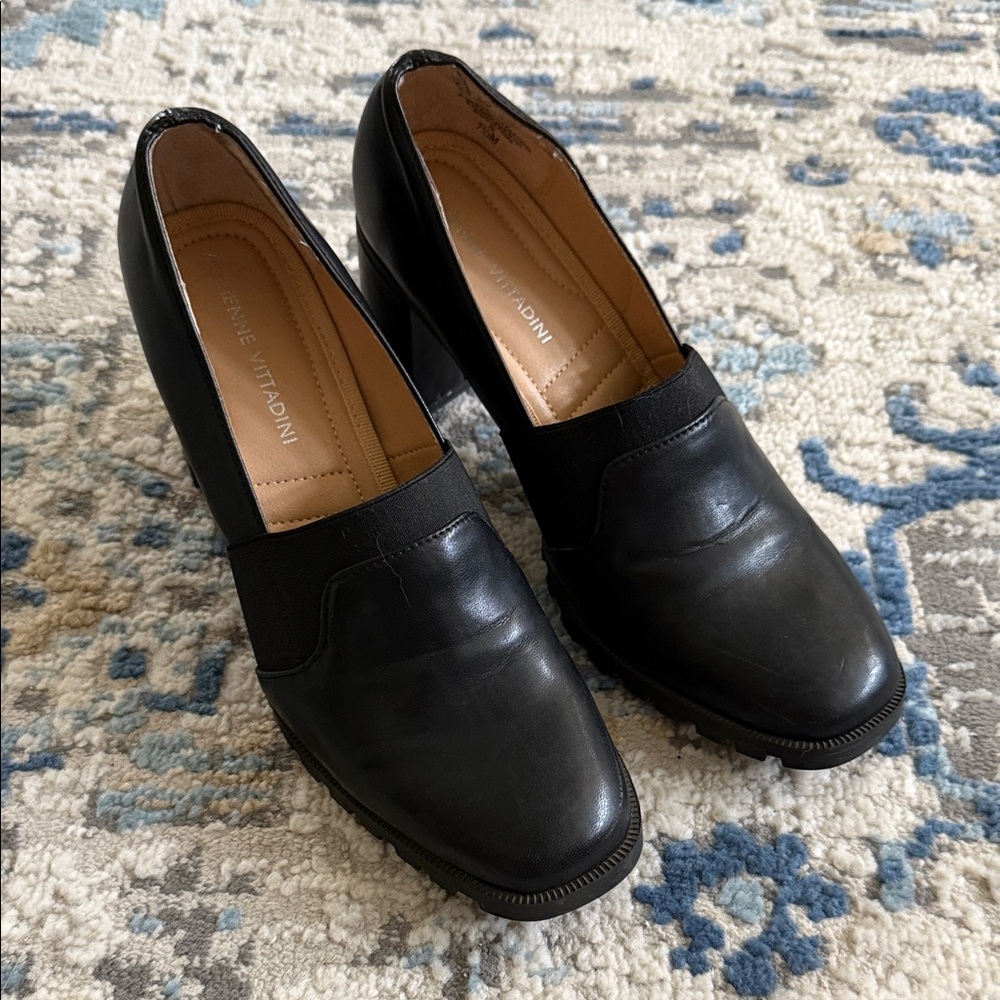 Adrienne Vittadini Black Leather Block Heel Loafers